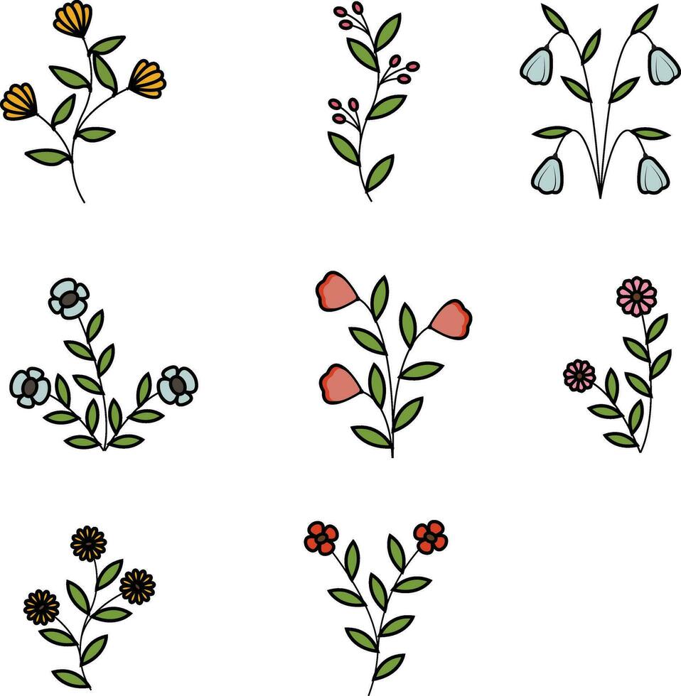 Cute Flower. various shapes and doodles Botanical Nature flowers and Leaves contemporary modern trendy objects vector Illustration Elements.