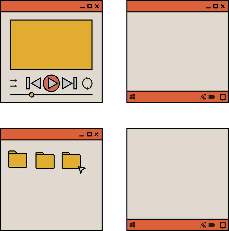 Retro Ui Window. Cute nostalgic computer ui, vintage aesthetic icons and windows vector set. 90s digital interface, retro window computer illustration