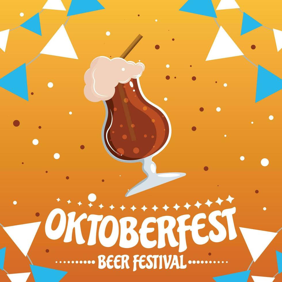 Oktoberfest party poster illustration with fresh dark beer, pretzel, sausage and blue and white party flag on shiny yellow background. Vector celebration flyer template for traditional German beer