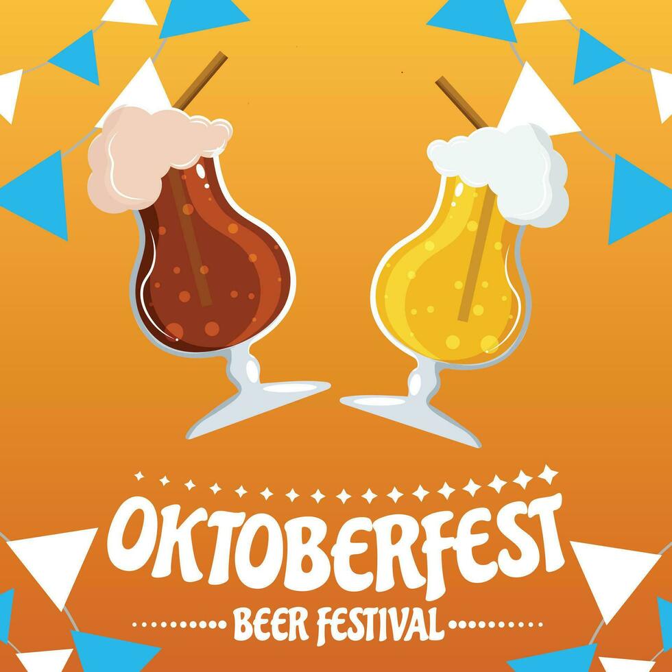 Oktoberfest party poster illustration with fresh dark beer, pretzel, sausage and blue and white party flag on shiny yellow background. Vector celebration flyer template for traditional German beer
