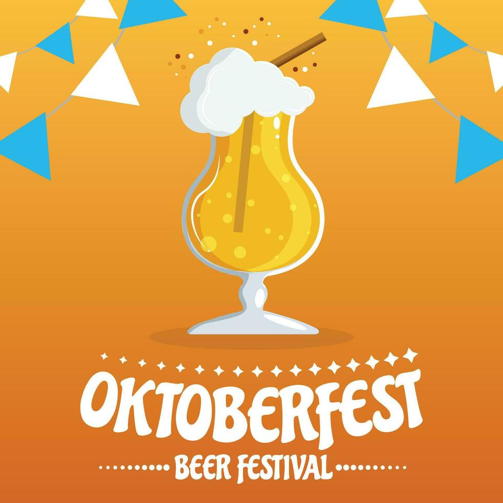 Oktoberfest party poster illustration with fresh dark beer, pretzel, sausage and blue and white party flag on shiny yellow background. Vector celebration flyer template for traditional German beer