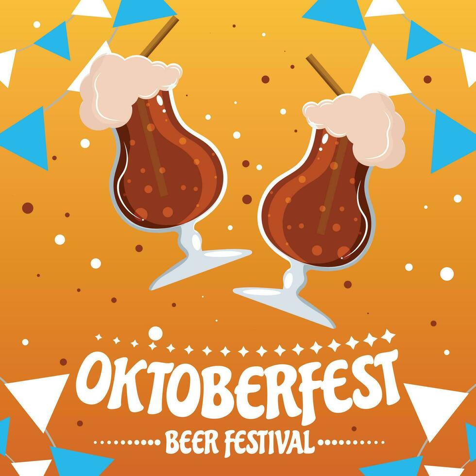 Oktoberfest party poster illustration with fresh dark beer, pretzel, sausage and blue and white party flag on shiny yellow background. Vector celebration flyer template for traditional German beer