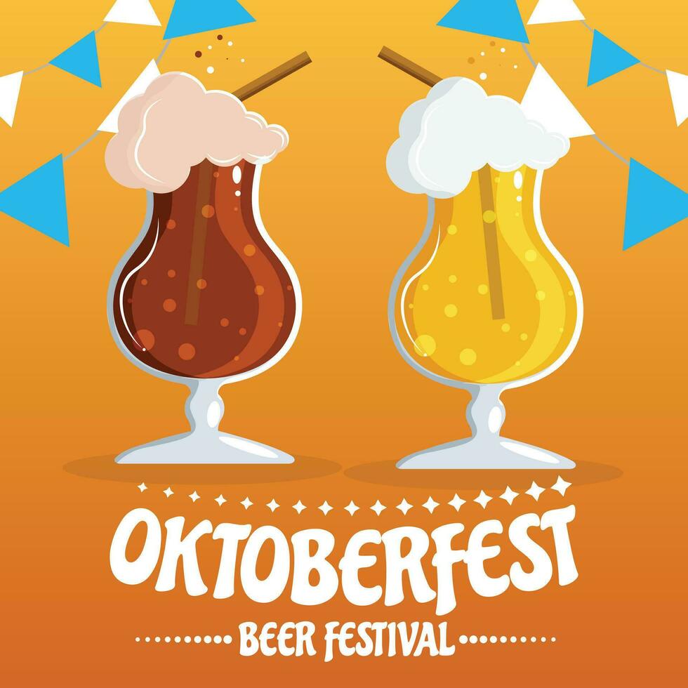 Oktoberfest party poster illustration with fresh dark beer, pretzel, sausage and blue and white party flag on shiny yellow background. Vector celebration flyer template for traditional German beer
