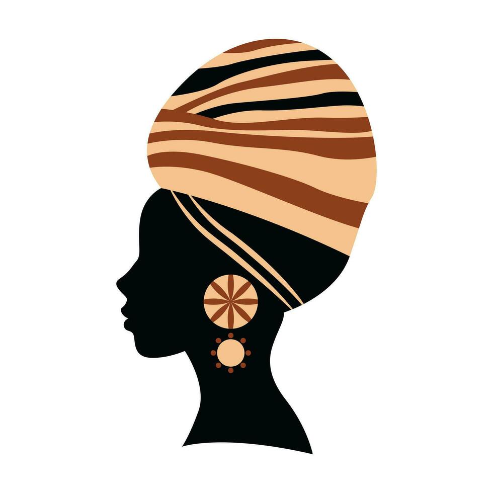 African woman with turban bohemian vector design. Flat vector icon illustration.