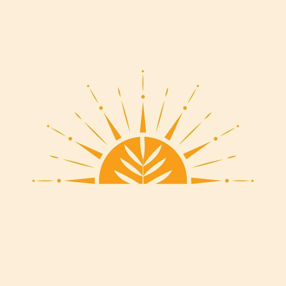 Tropical sun and leves natural logo design. Bohemian style icon. vector