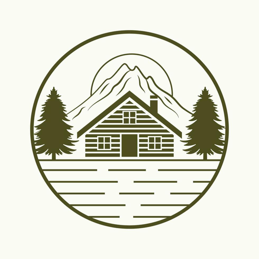 House and mountain vector emblem design. Travel cabin vector logo template.