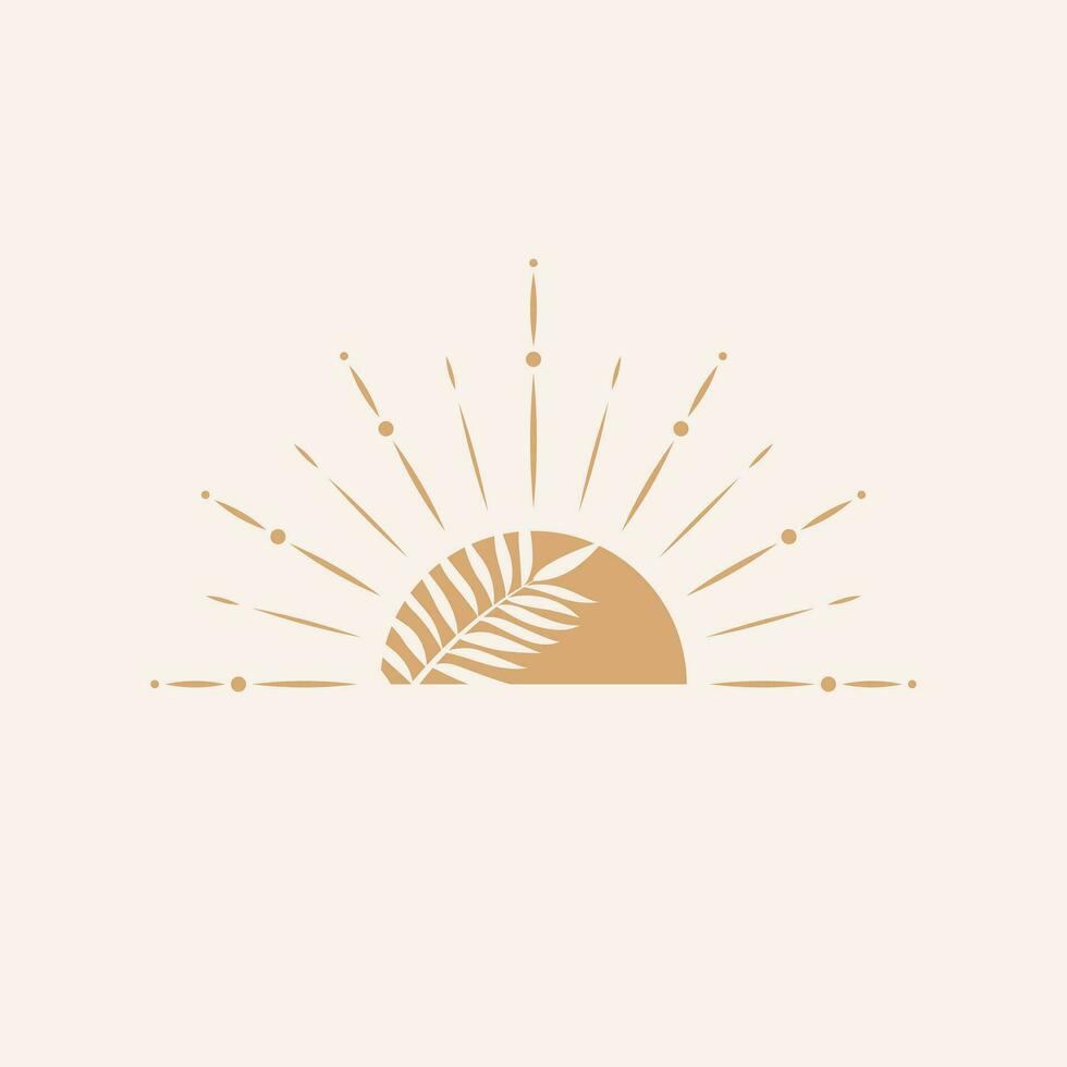 Tropical sun and leves natural logo design. Bohemian style icon. vector