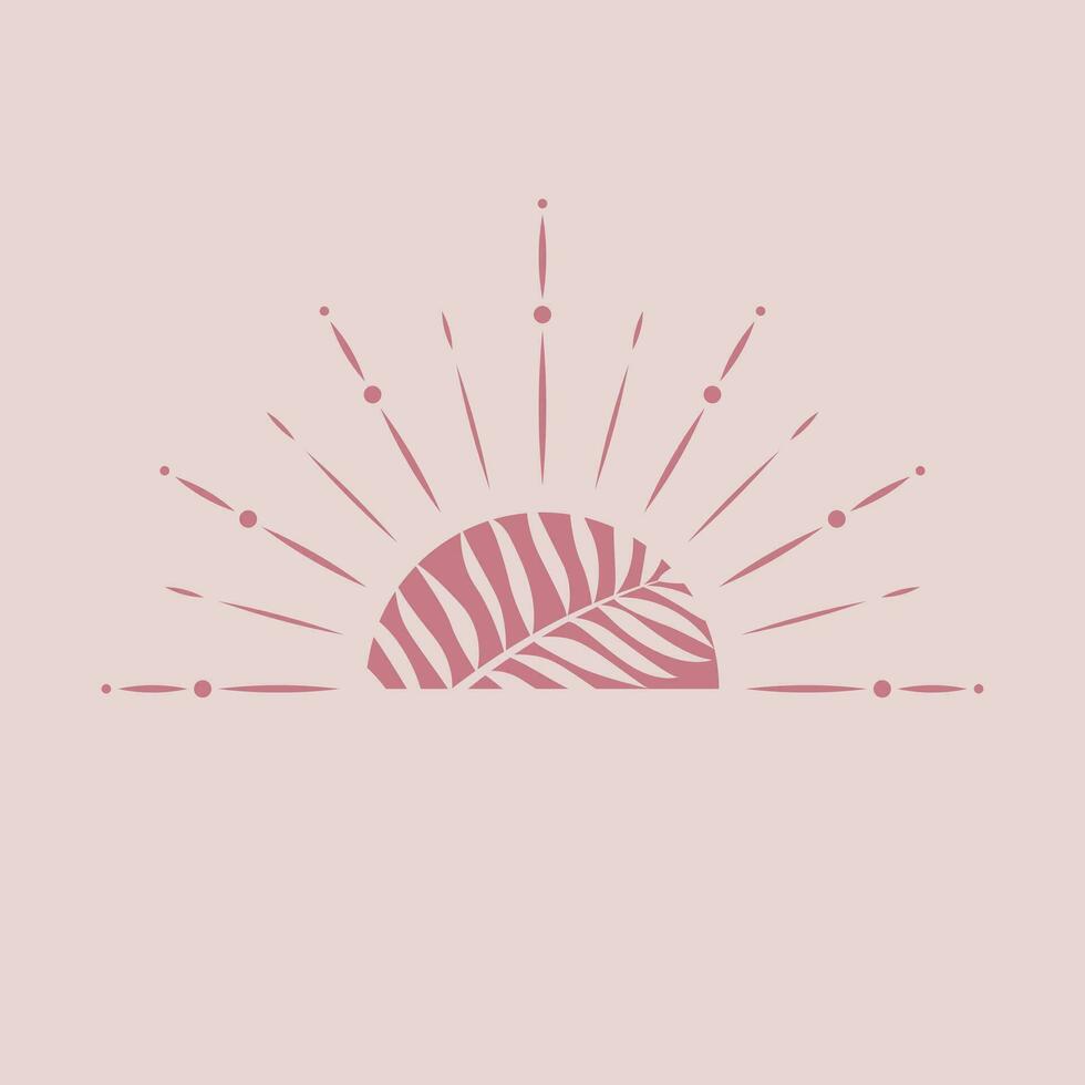 Tropical sun and leves natural logo design. Bohemian style icon. vector