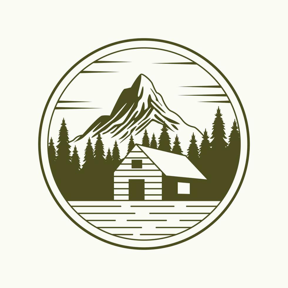 House and mountain vector emblem design. Travel cabin vector logo template.