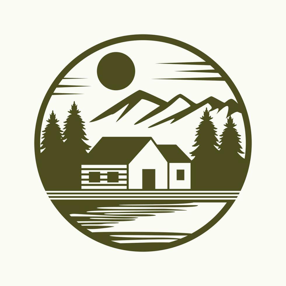 House and mountain vector emblem design. Travel cabin vector logo template.