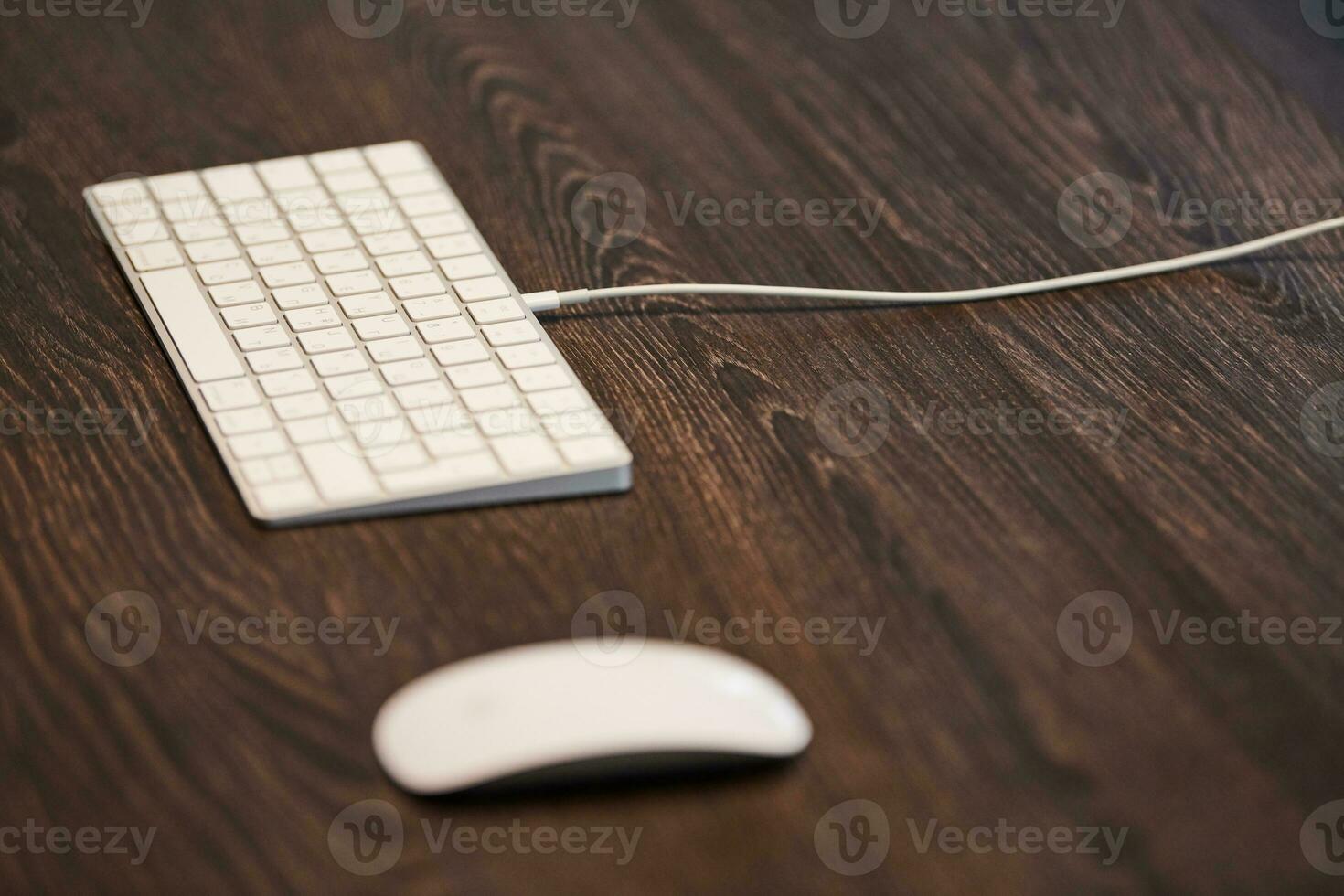 Keyboard and mouse on office table. Modern minimal workplace for study. Empty copy space. photo