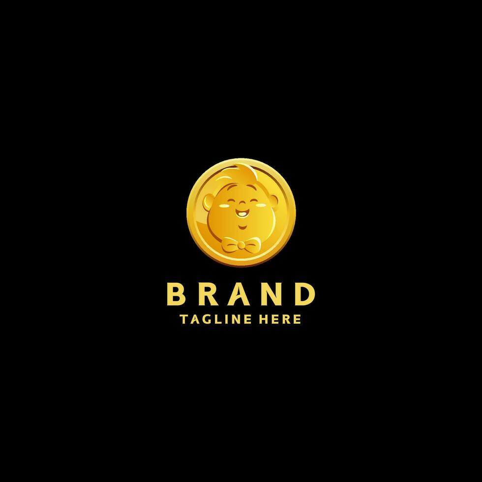 Niños oro moneda logo diseño. oro moneda con contento chico motivo logo diseño. vector