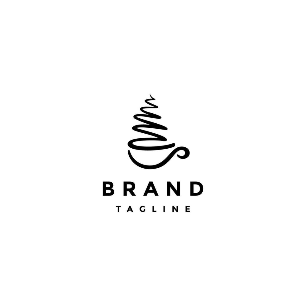 Abstract Pine Tree Coffee Logo Design. Pine Tree And Coffee Cup Symbol In One Continuous Line Abstract Logo Design. vector