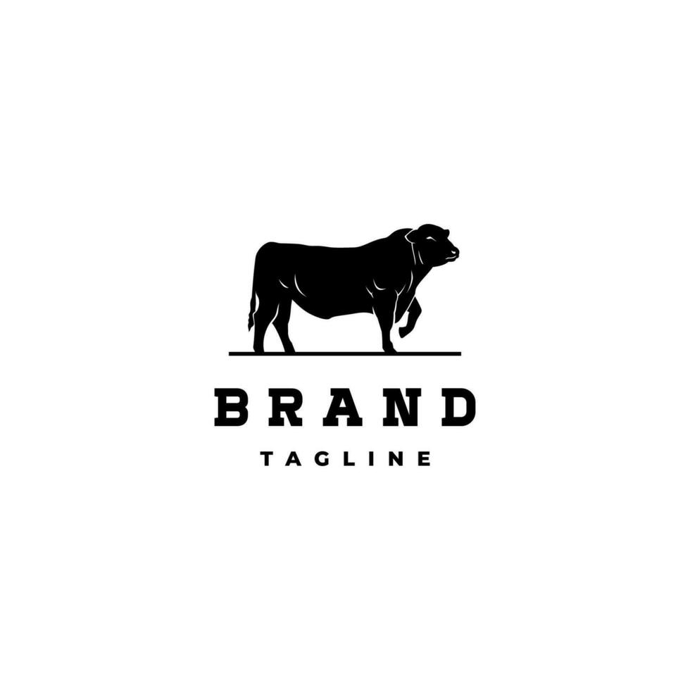 Black Angus Cow Silhouette Logo Design. Black Angus Cow Illustration With One Leg Raised. vector