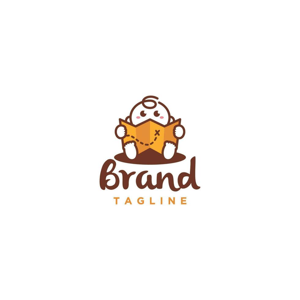 Cute Treasure Hunt Logo Design. Cute Baby Reading Treasure Map Illustration Design. vector