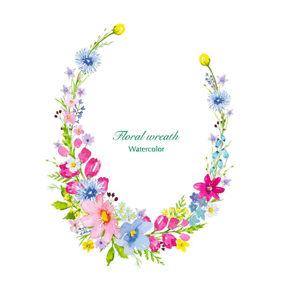 Floral wreath with colorful meadow flowers, watercolor vector