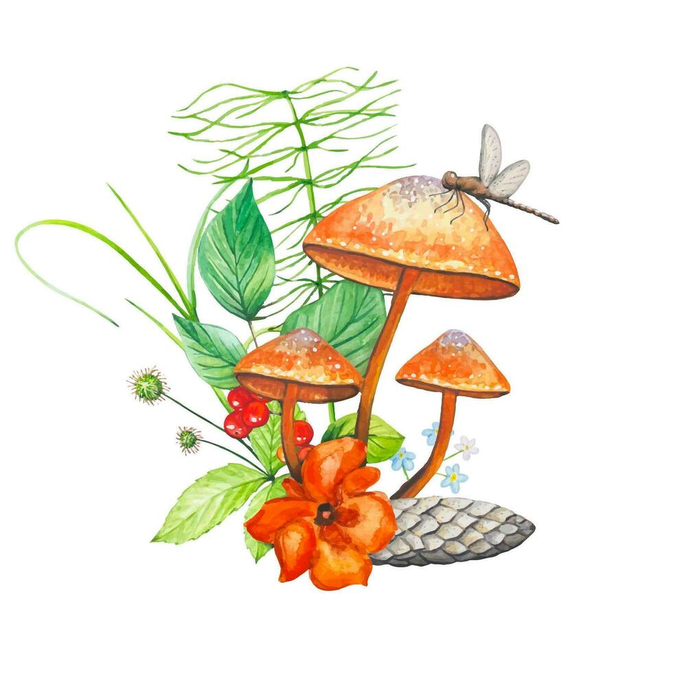 Forest watercolor composition. Illustration with colorful mushrooms, forest herbs, cone, flower. vector