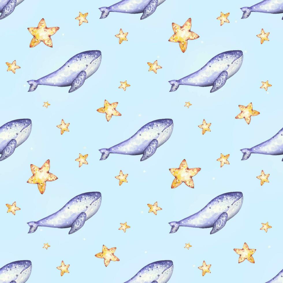 Seamless marine pattern with whales, gold stars,on a blue background. Watercolor vector