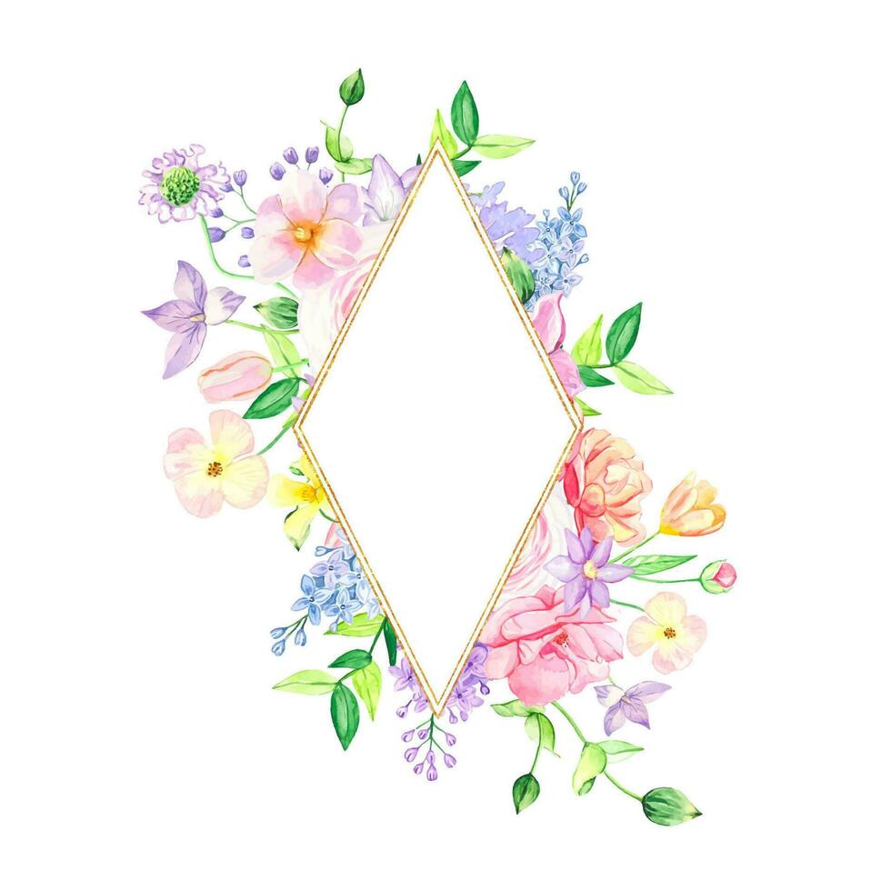 Floral frame with colorful summer flowers, watercolor vector