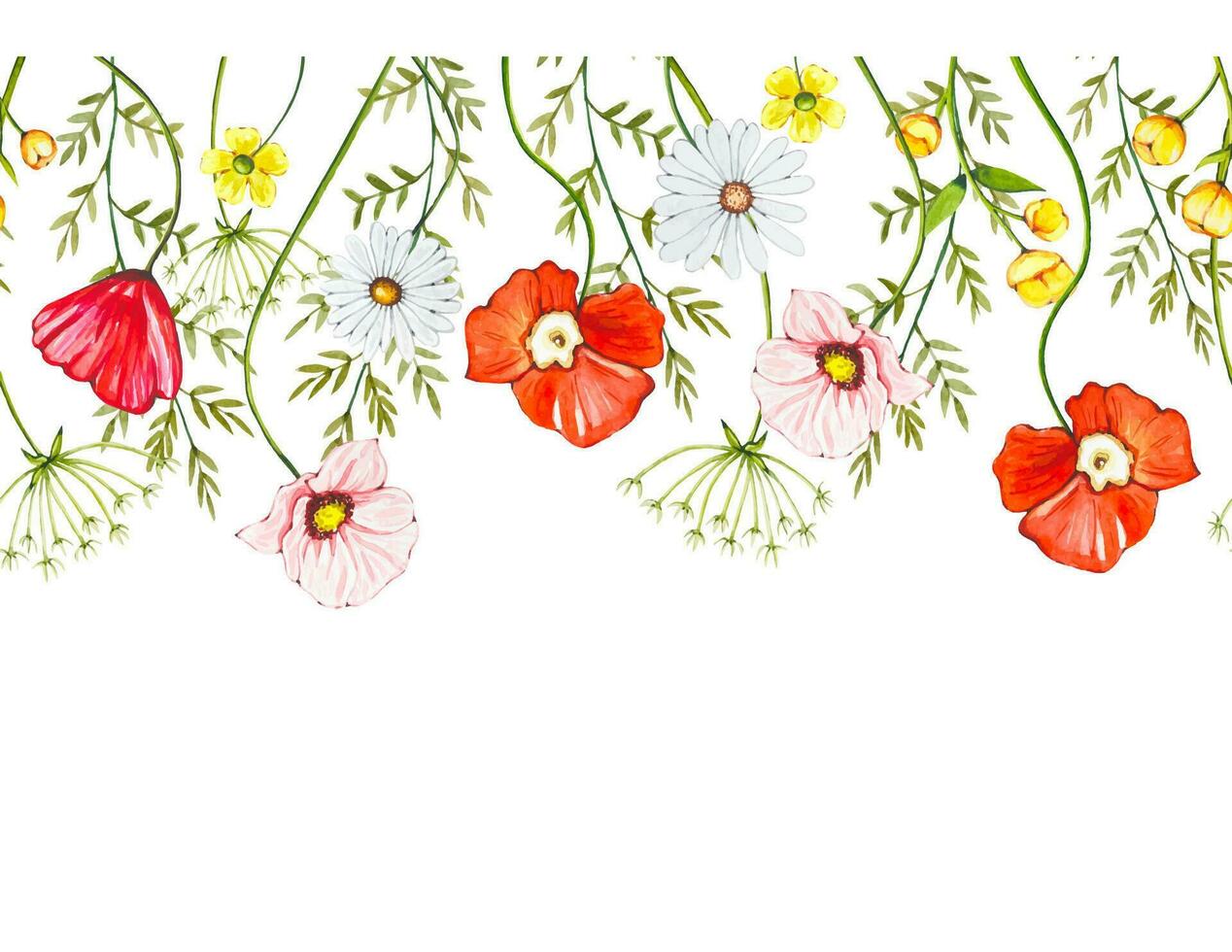 Seamless floral border with wildflowers , watercolor vector