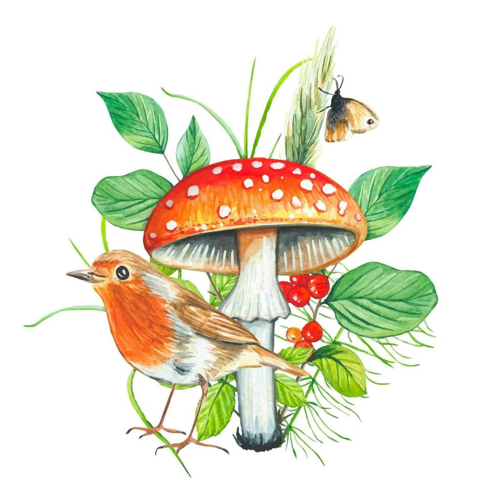 Forest watercolor composition. Illustration with bird, fly agaric, wild berries, herbs. vector