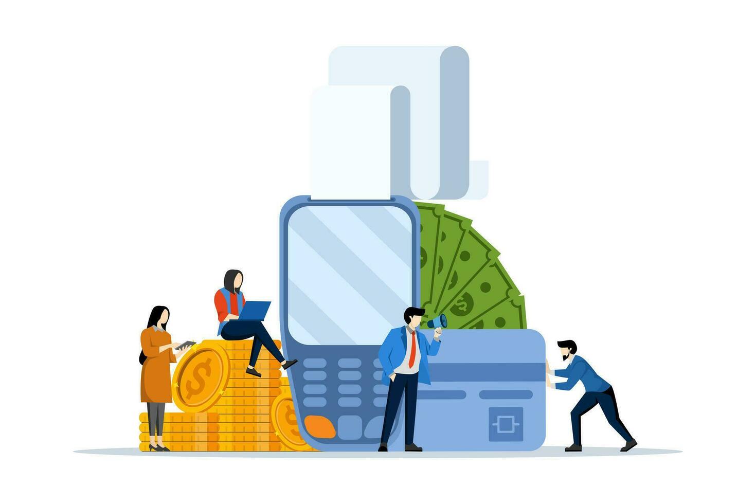 financial transactions, non-cash transactions on payments. Post-terminal and payment system, monetary currency, coin, NFC payment concept, flat vector illustration on a white background.