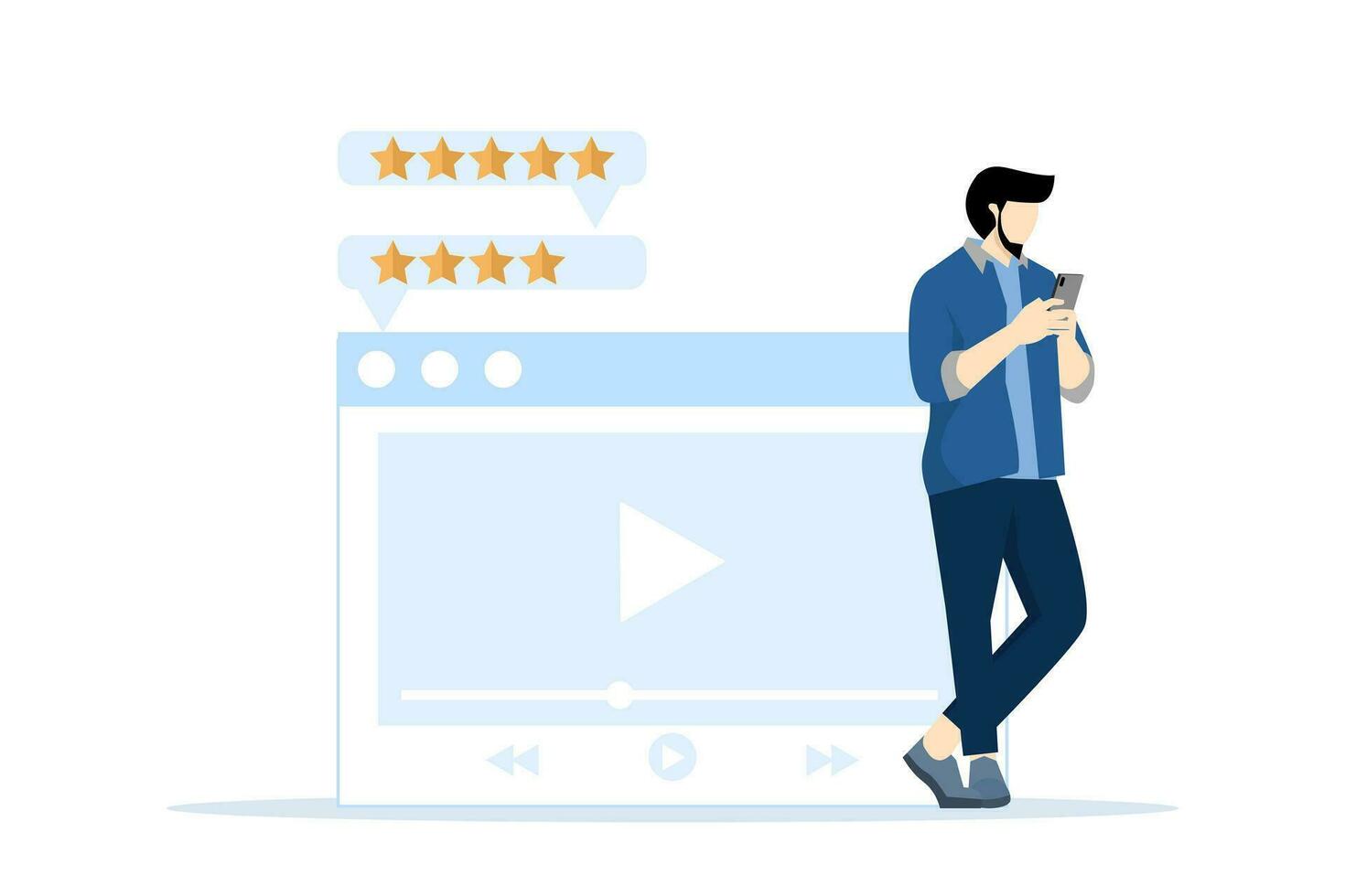 Streaming cinema concept. Video marketing concept, online cinema. Man with cell phone using and watching streaming service with clapper. Vector illustration for UI, web banner, mobile app.