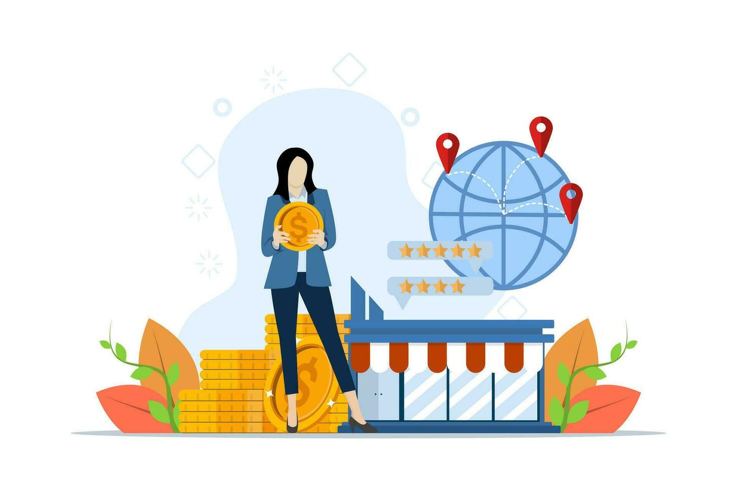 negocio industria concepto, franquiciamiento, bizopp, distribución. mujer de negocios en pie con monedas y comprando franquicia remotamente comprando un terminado negocio. plano vector ilustración en antecedentes.