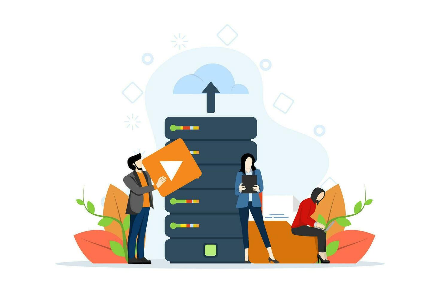 Cloud Storage Concept, Showing people working in cloud sync center Computer technology, data storage in cloud server, online storage access, Flat Vector Illustration on a white background.