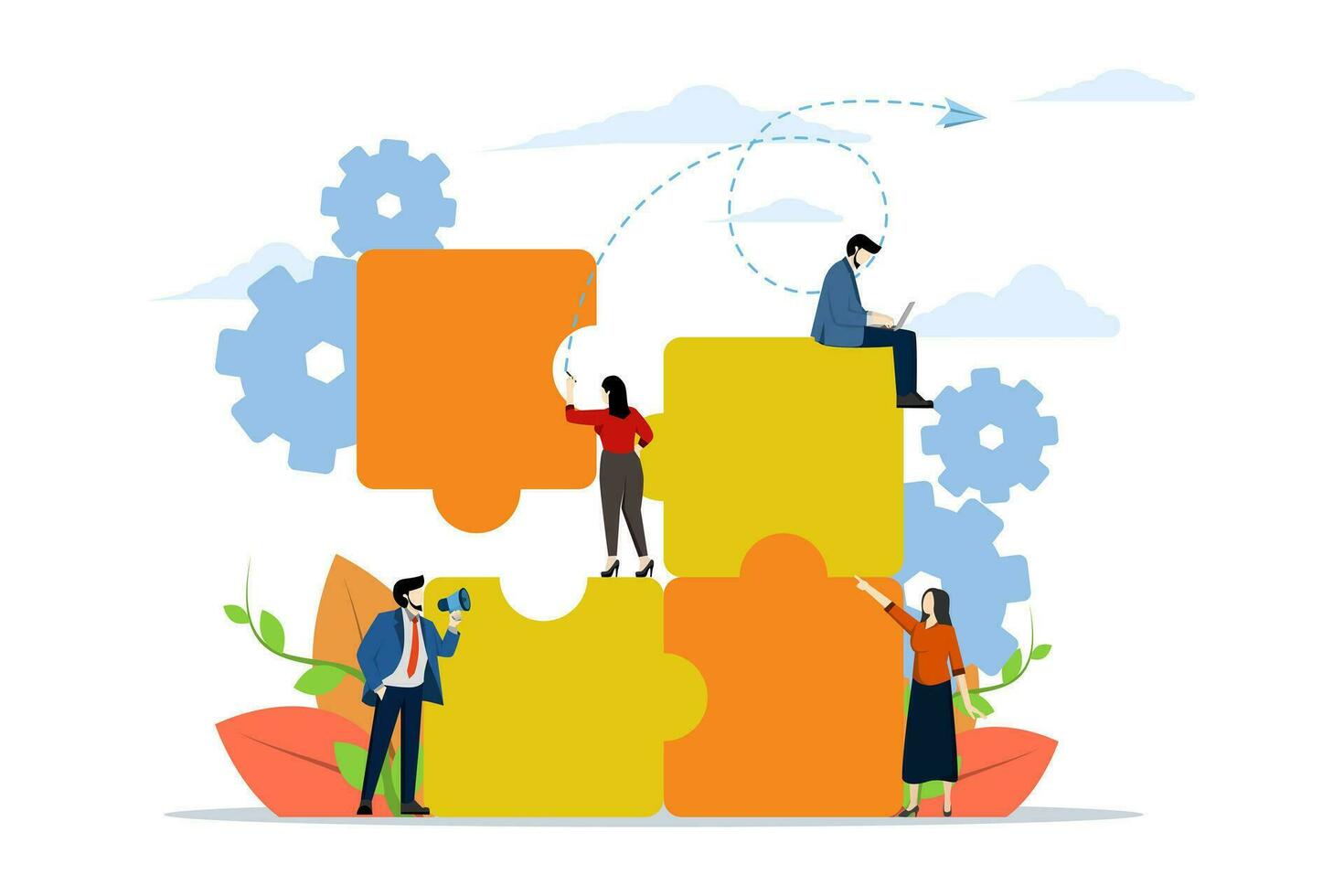 teamwork together in company, people putting together puzzles, solving problems in business, business leaders set construction process vector, Vector illustration, flat on white background.