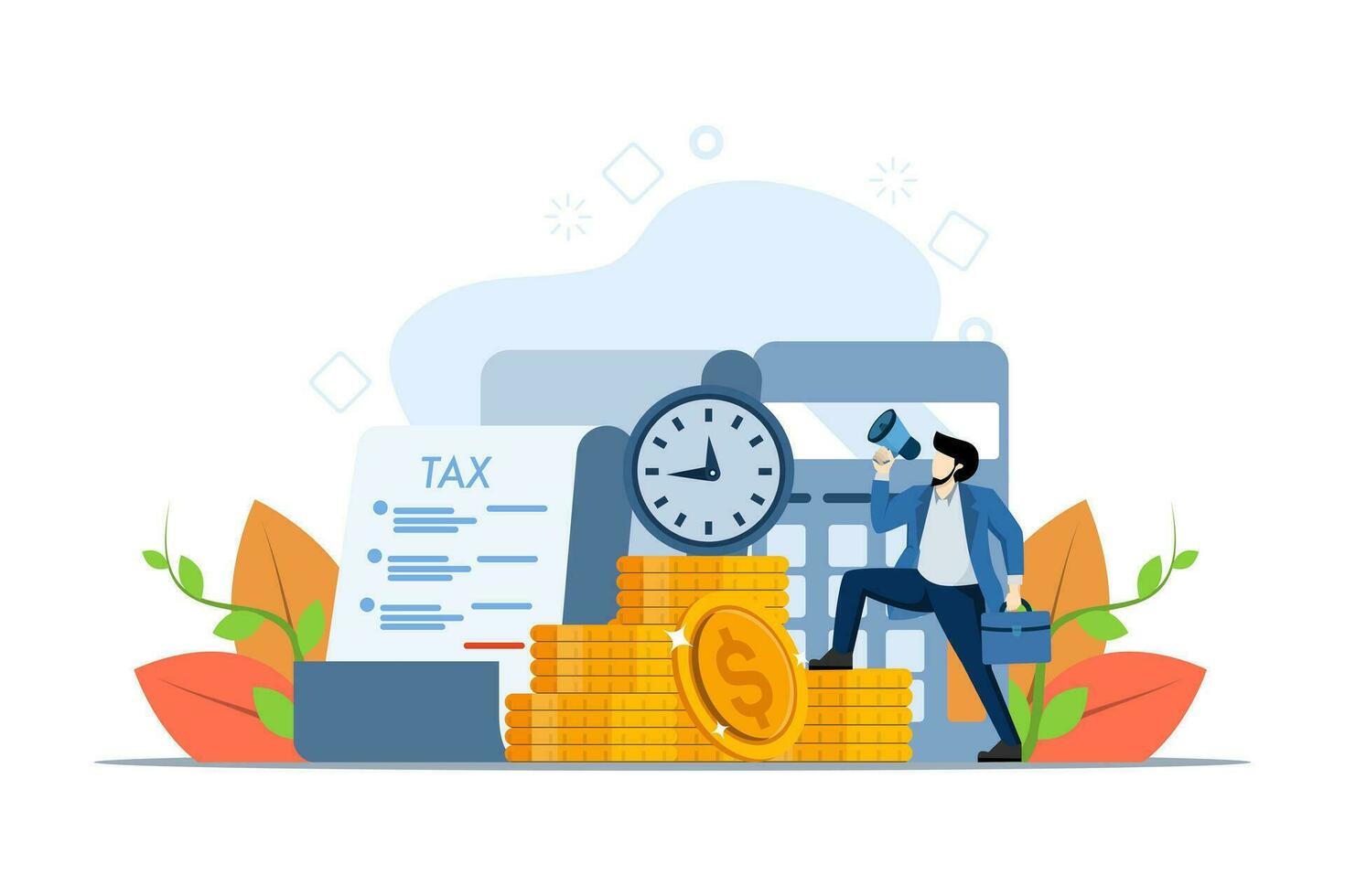 concepto de impuesto devoluciones, mejoramiento, deberes, financiero contabilidad. exitoso empresario pago impuestos en tiempo. impuesto tiempo. vector ilustración en plano diseño para ui, bandera, móvil aplicación