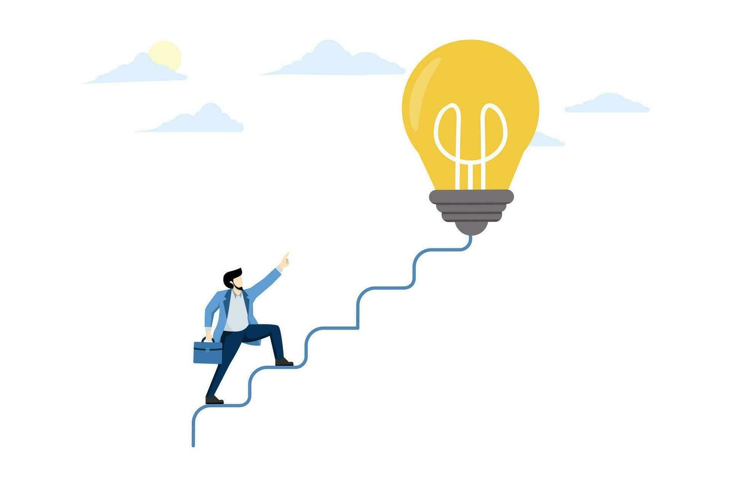 Creativity concept for business idea, thinking and brainstorming for new idea or opportunity, career path or goal achievement, entrepreneur start walking electric path as ladder to big idea light bulb vector