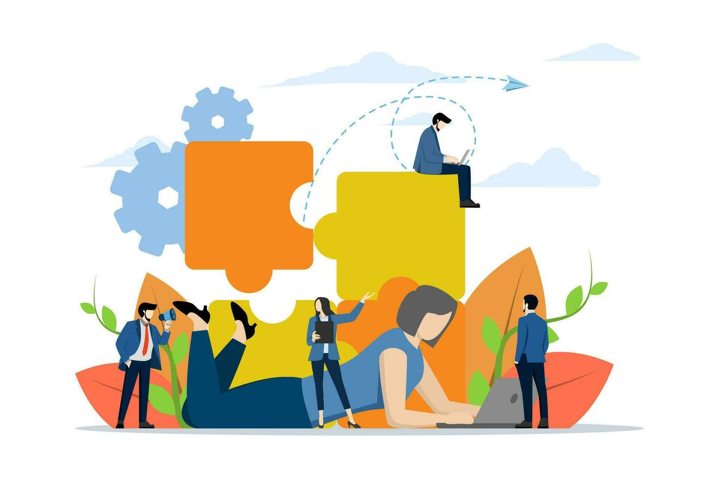 teamwork concept, generate idea, creative teamwork puzzle collection. the theme of generating ideas and business looking for solutions together vector, flat vector illustration on a white background.