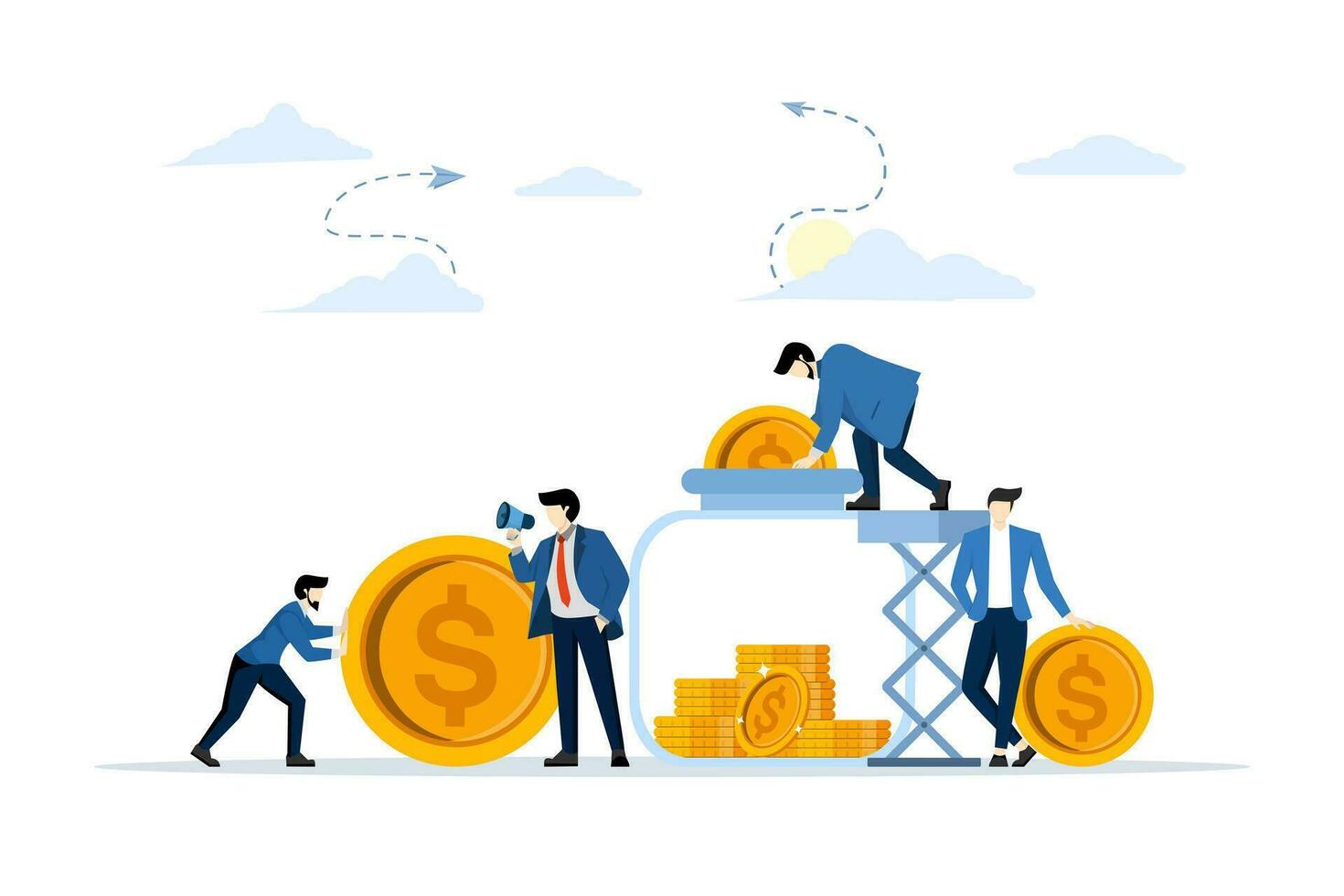 concepto de ahorro dinero, ahorro y invertir dinero. un hombre en pie con un megáfono. personas apilado dólar monedas en efectivo caja, vector ilustración para web diseño, sitio y móvil aplicación