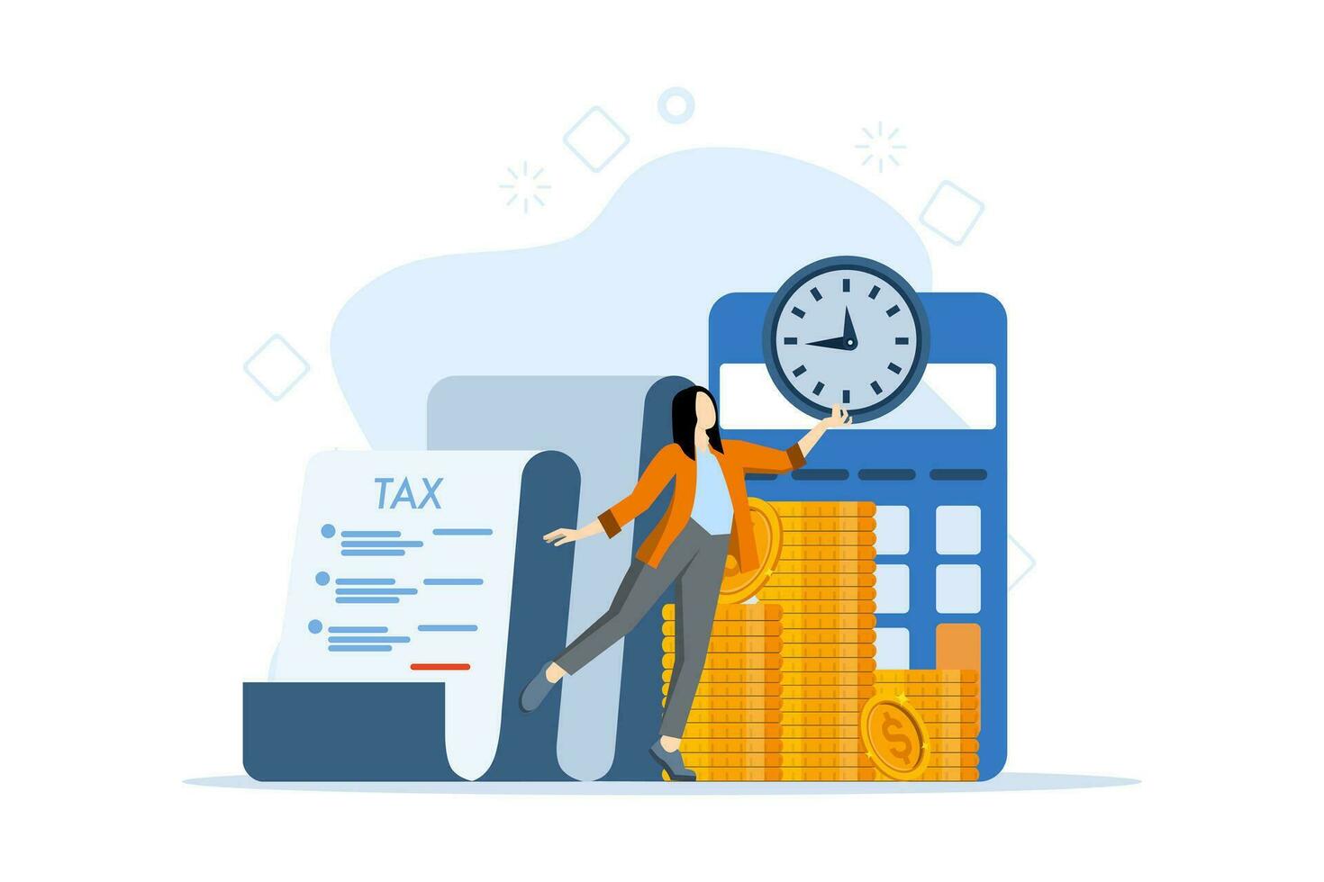 Concept of tax returns, optimization, duties, financial accounting. Successful businesswoman paying taxes on time. tax time. tax obligations. Vector illustration in flat design on white background.