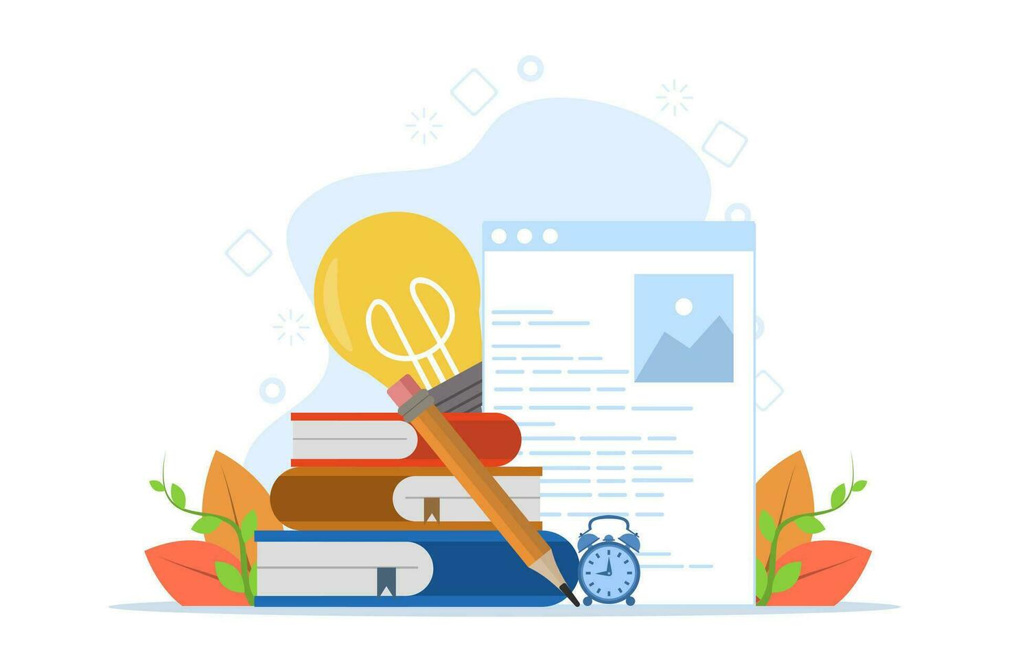 Concept of copywriting, journalism, writing, copyright ideas, blogging, smm, management. Stacks of books, content, pencils, light bulbs, alarm clocks. Vector illustration in flat design on background.