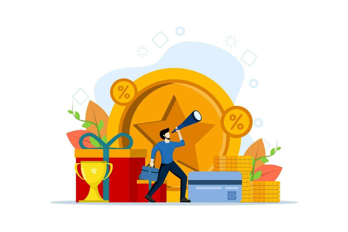 Discount and loyalty card concept, customer service, online shopping, earn points. Man looking for great deals, sales, got bonuses and cashback. Vector illustration in flat design on white background.