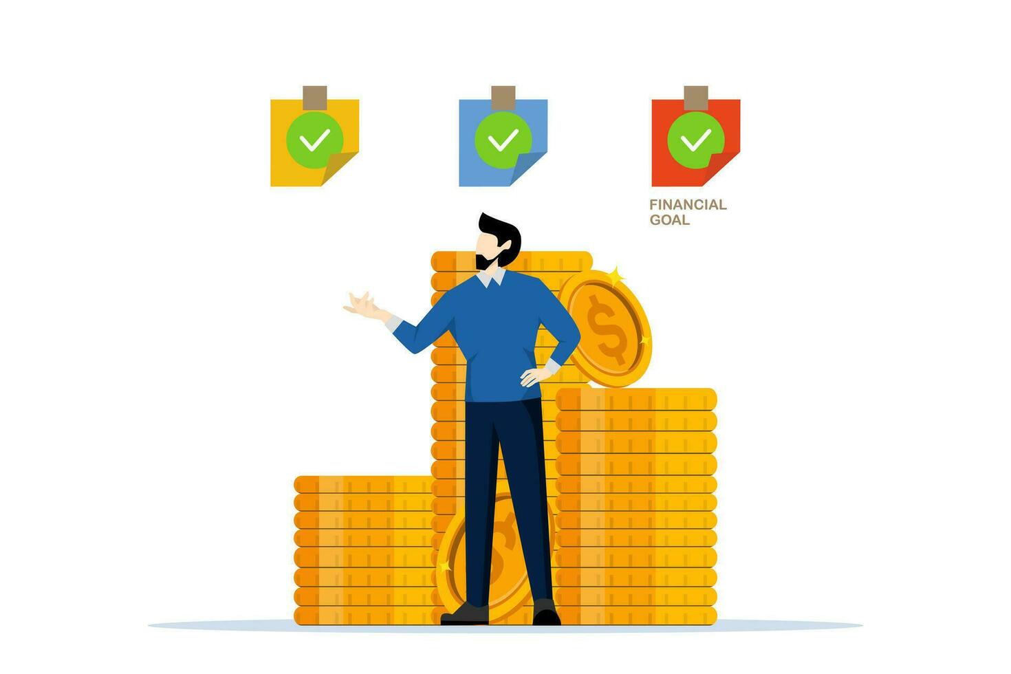 financial management concept, wealth management financial goals and investment plans to achieve goals. Businessman or investor standing next to a pile of gold coins. flat vector illustration.