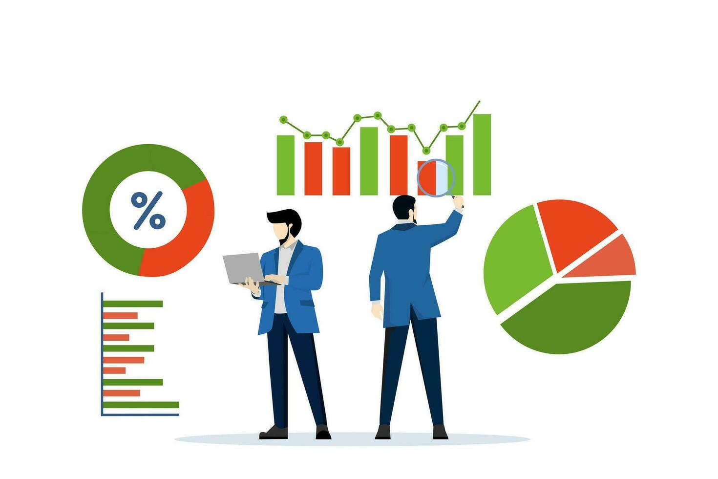 business data analysis, market research, investment financial reports. stock market. Business analyst holding magnifying glass to analyze chart. flat vector illustration on a white background.