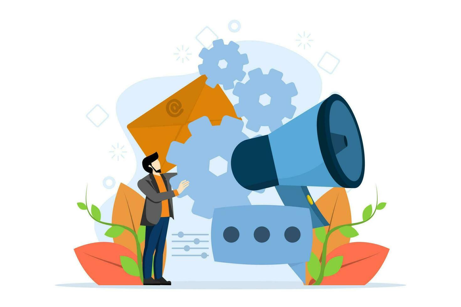 promotion concept using email, Marketing automation with scheduled social media posts and chats. Reach the target audience with email content. Flat Vector illustration on white background.