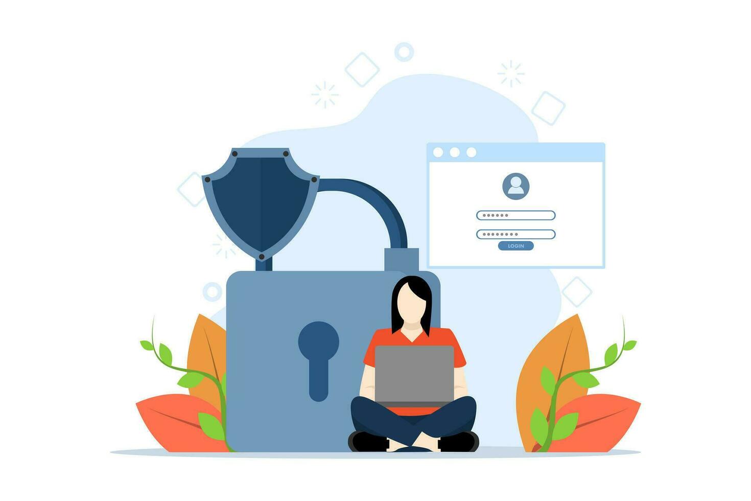 Concept of terms and conditions, privacy policy, user consent, remote transaction, personal data protection, Woman sitting in front of lock with laptop. flat vector illustration on a white background.
