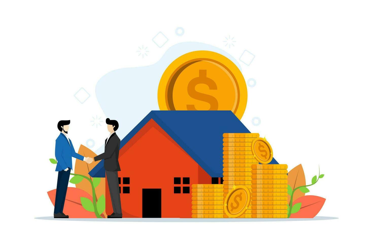 Mortgage concept. Home loans or investing money into real estate. The family bought the house on a contract. Modern vector illustration in flat style, for landing page, web banner, infographic.