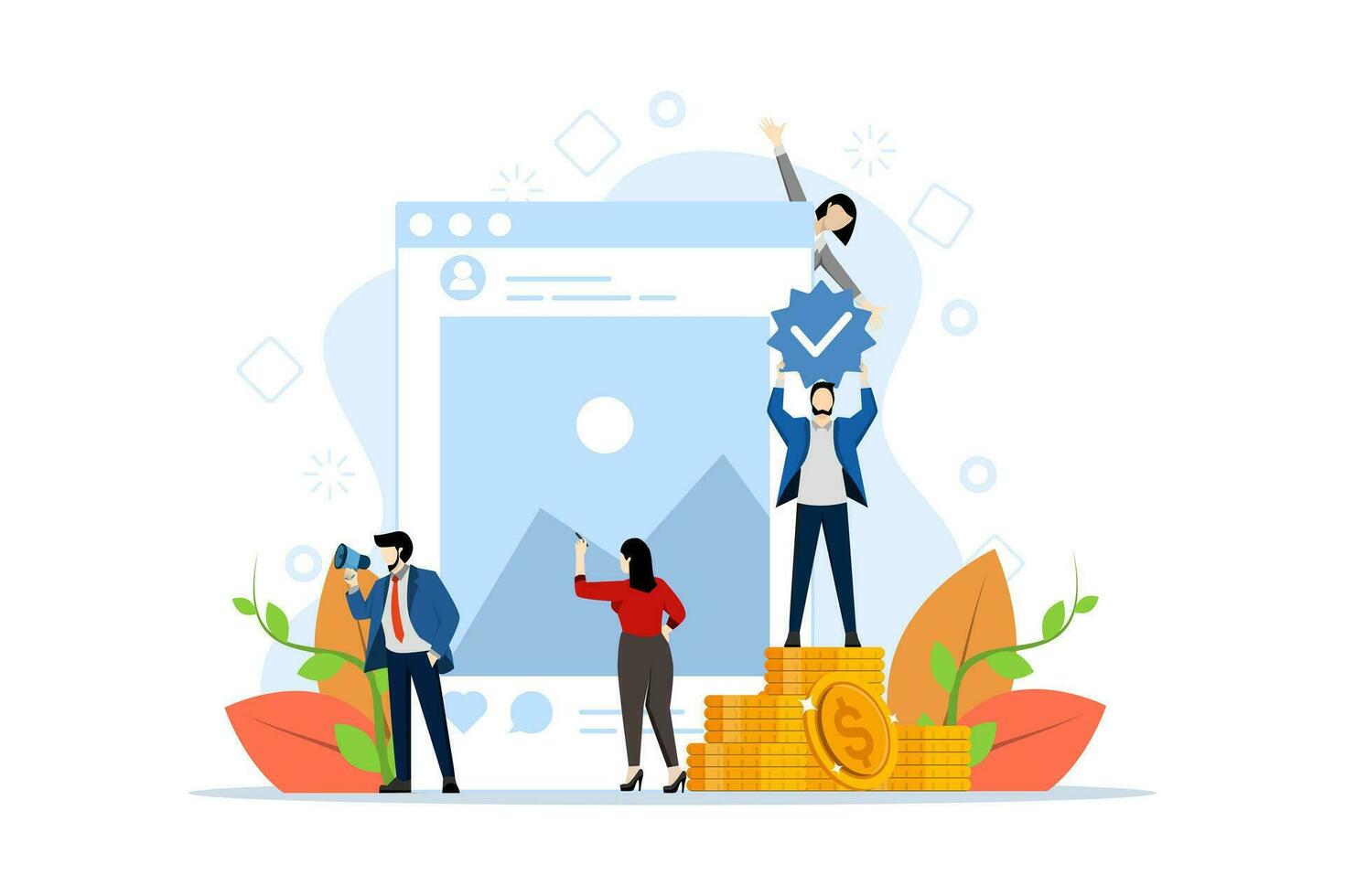 Blog monetization concept, earn money online, SMM team. Marketing team make money online on social media. Bloggers monetize blogs and share posts. Vector illustration on a white background.