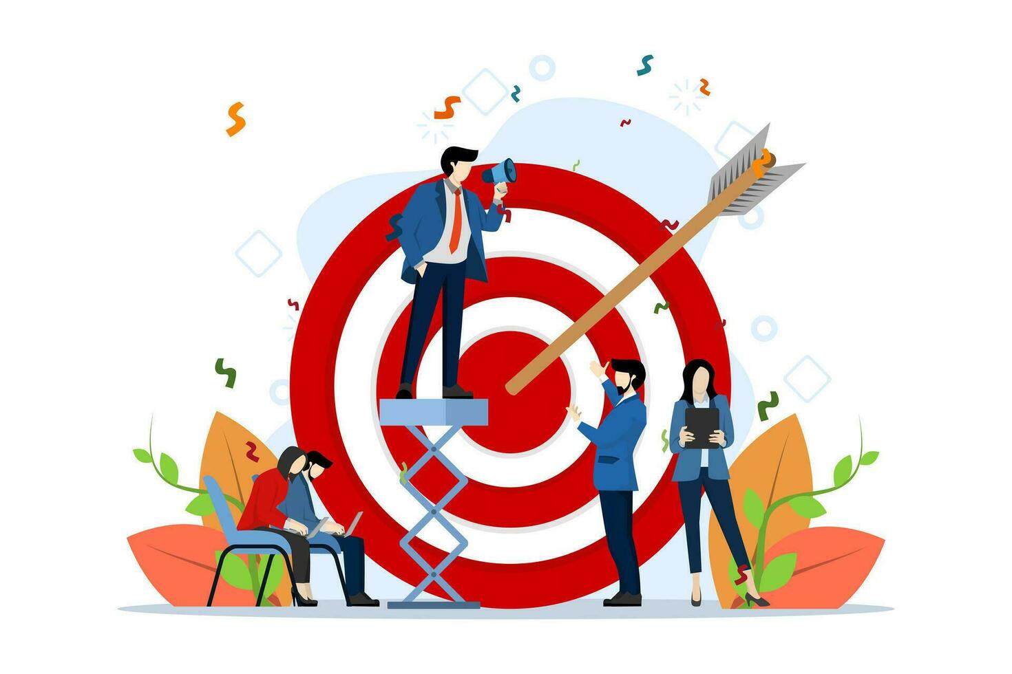 Marketing strategy concept. Business team achieving goal. People near big target with arrows. target company goals, company vision and mission, flat vector illustration isolated on white background.