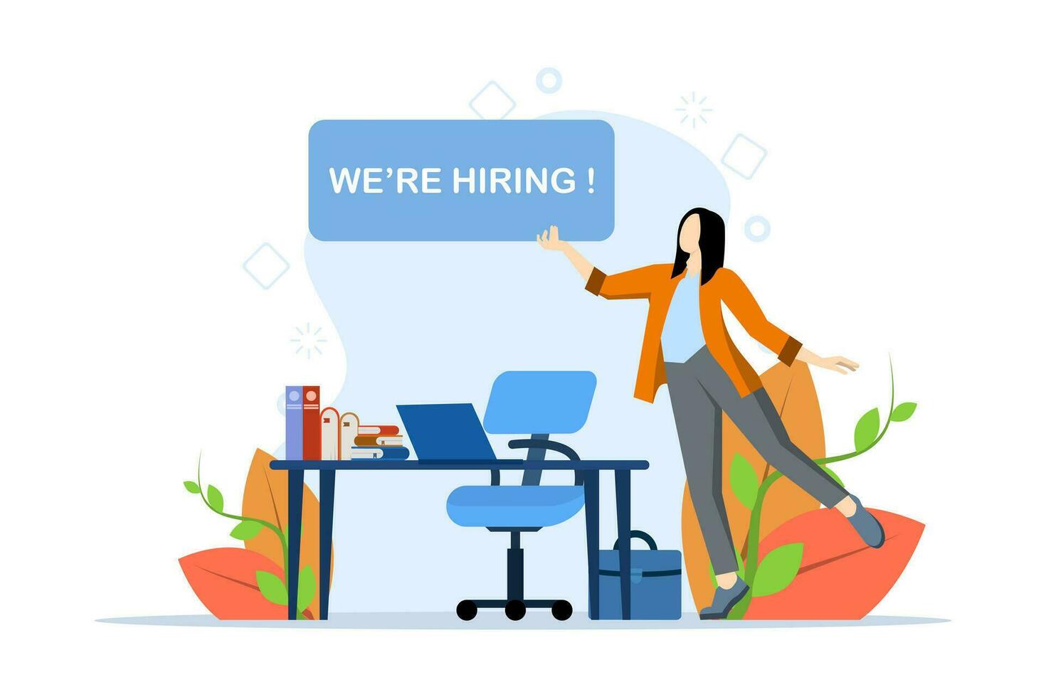 Recruitment service concept, hiring employees, looking for job candidates. Employee looking for a job with cv portfolio. New team member. Welcome to the club. Flat vector illustration.