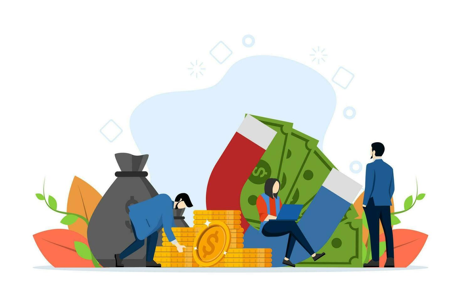 Income and money attraction. People with magnets get cash. Vector illustration for fast loan, income, investment, profit, finance, success concept, flat vector illustration on a white background.