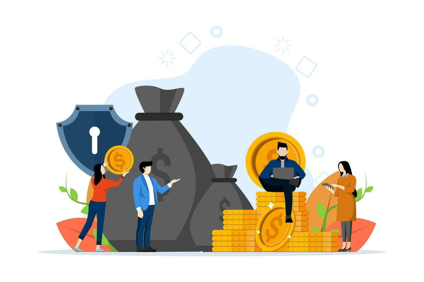 money protection concept, financial savings insurance, safe business economy, save money, money with protection shield. flat vector illustration on a white background.