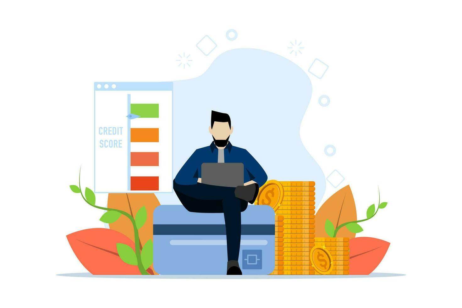 man sitting with laptop and checking credit score. Concept of bank, spending money, credit report, mortgage, payment history, cash. Vector illustration in flat design.