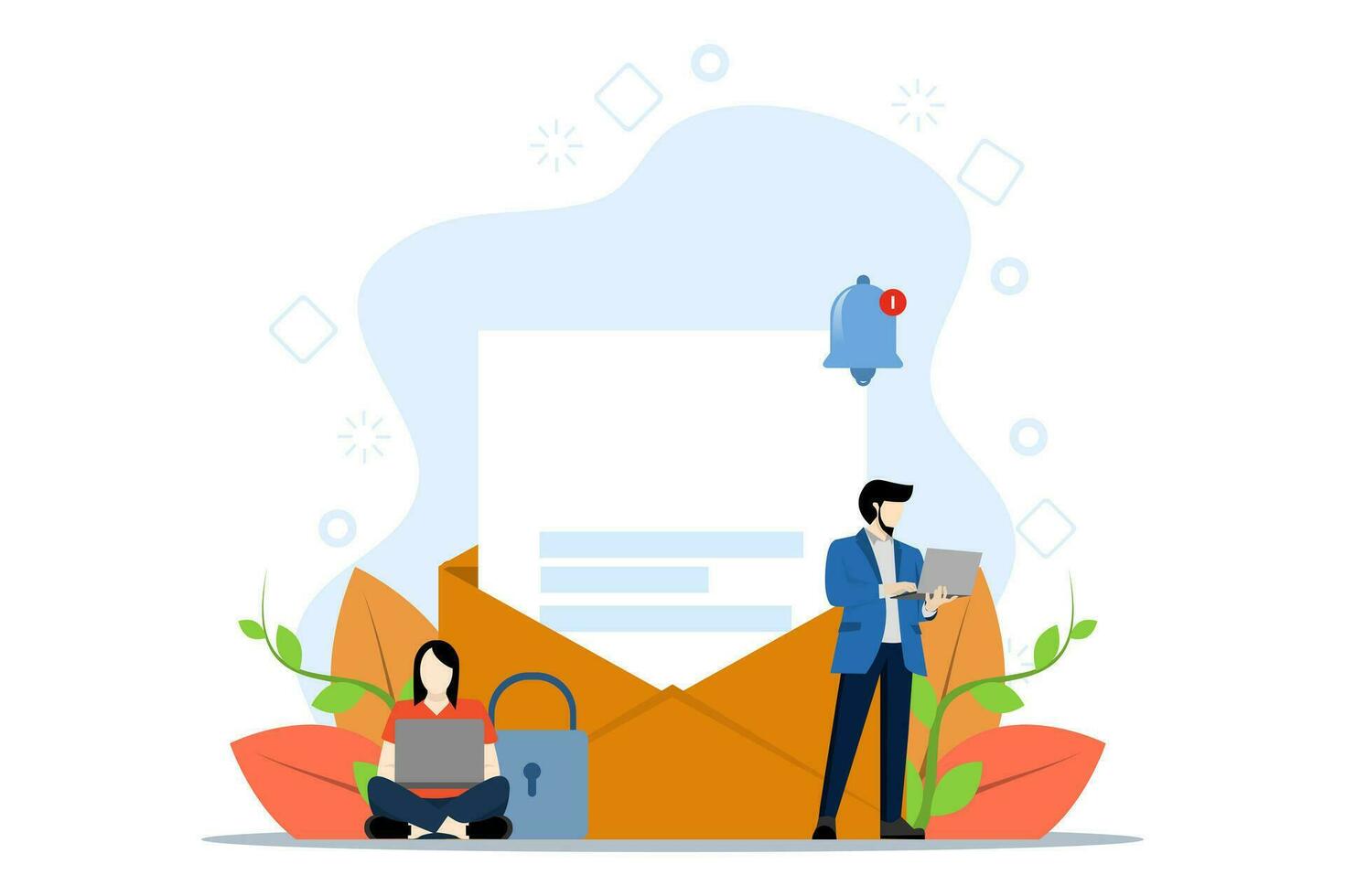 Data protection concept. business character with email, key and shield. Insurance, from business risk. can be used for landing pages, apps, posters, banners. Vector illustration on a white background.