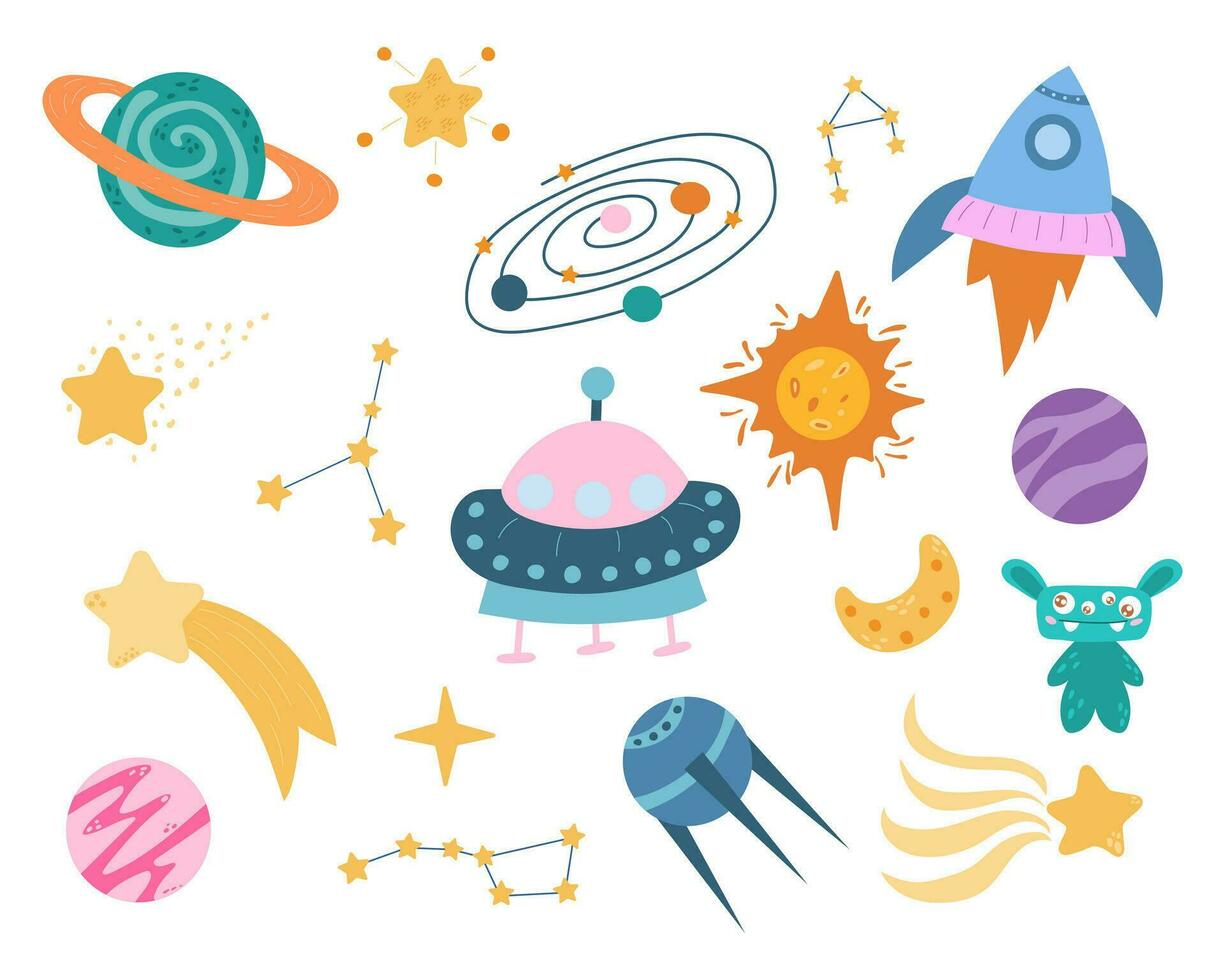 A set of space cartoon illustrations, planets and constellations vector